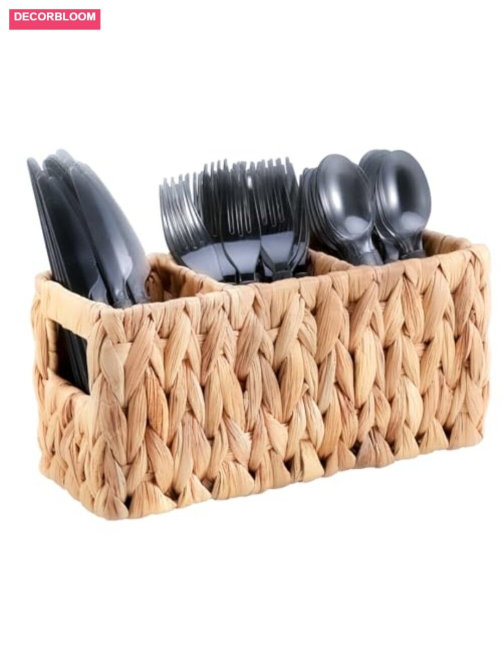 Handwoven Water Hyacinth 3-Compartment Silverware Caddy Utensil Organizer